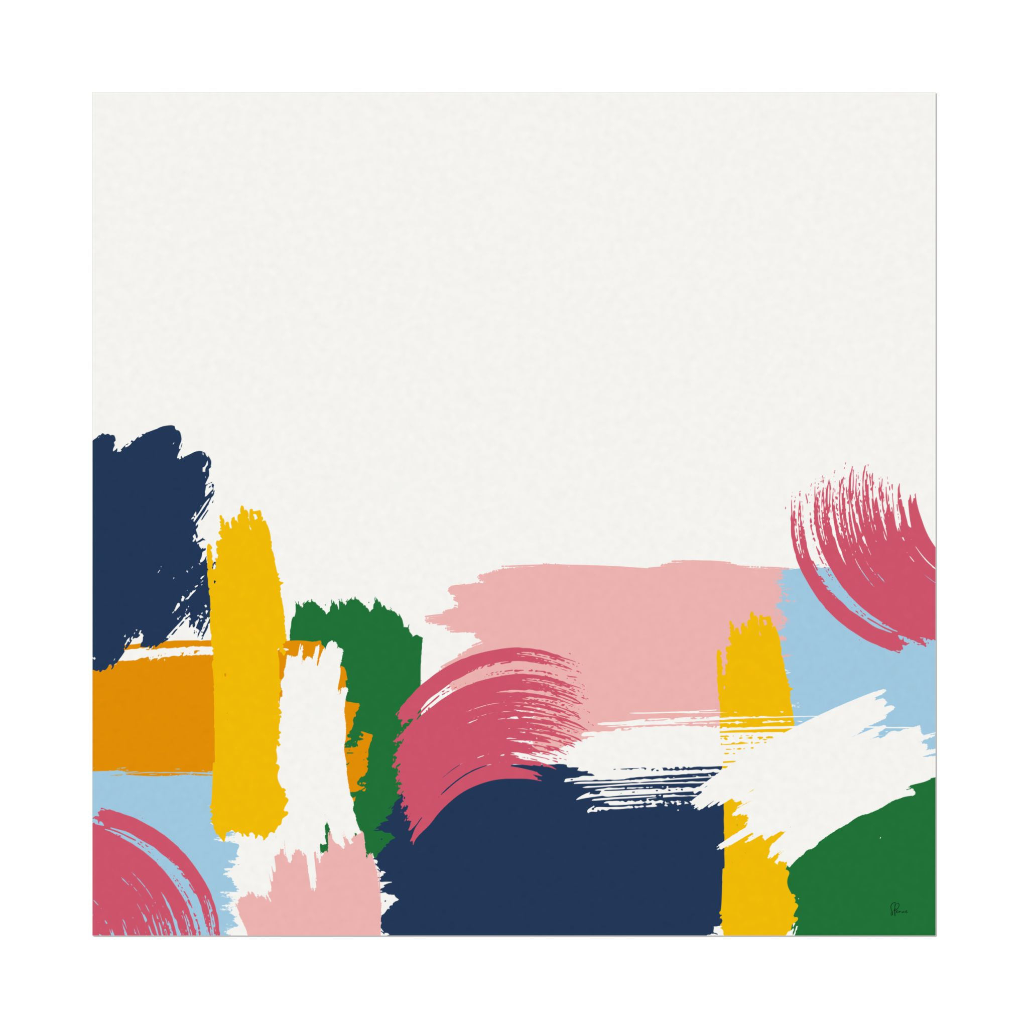 Colorful abstract wall art with bold brush strokes in blue, yellow, green, pink, and orange tones.