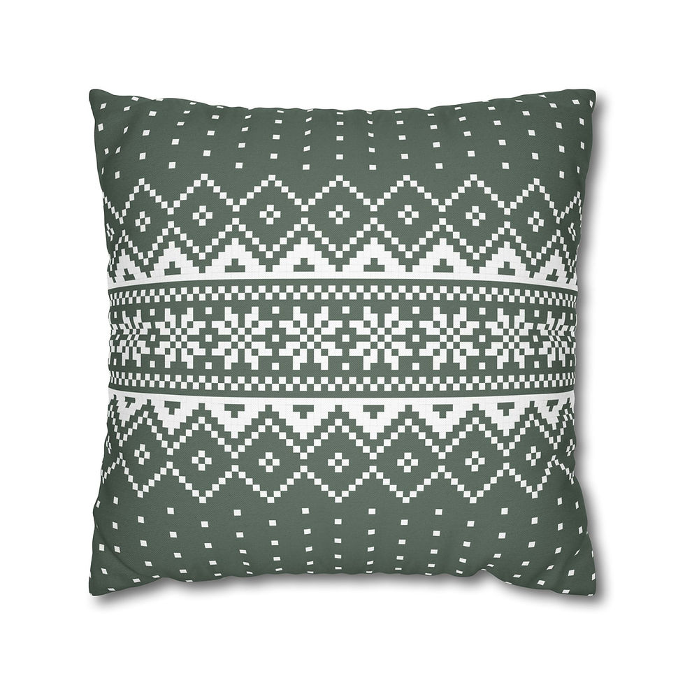 Forest green holiday pillow cover with white Nordic snowflake and geometric knit sweater pattern