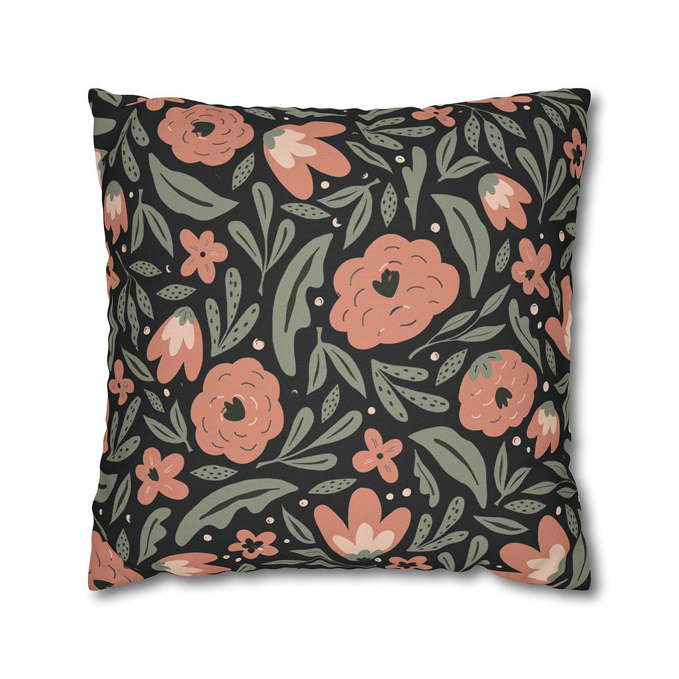 Black pillow cover with blush and coral floral pattern and green leafy accents – botanical cushion cover for home décor.
