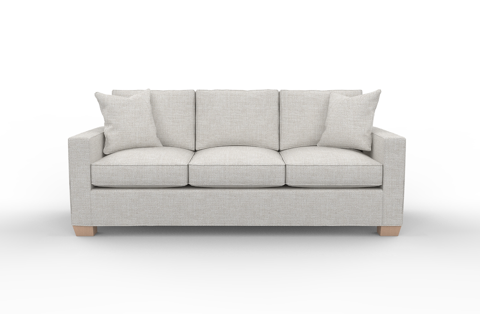 Thumbnail: A front-facing view of a wide three-seater sofa with three back cushions and three seat cushions, featuring square track arms