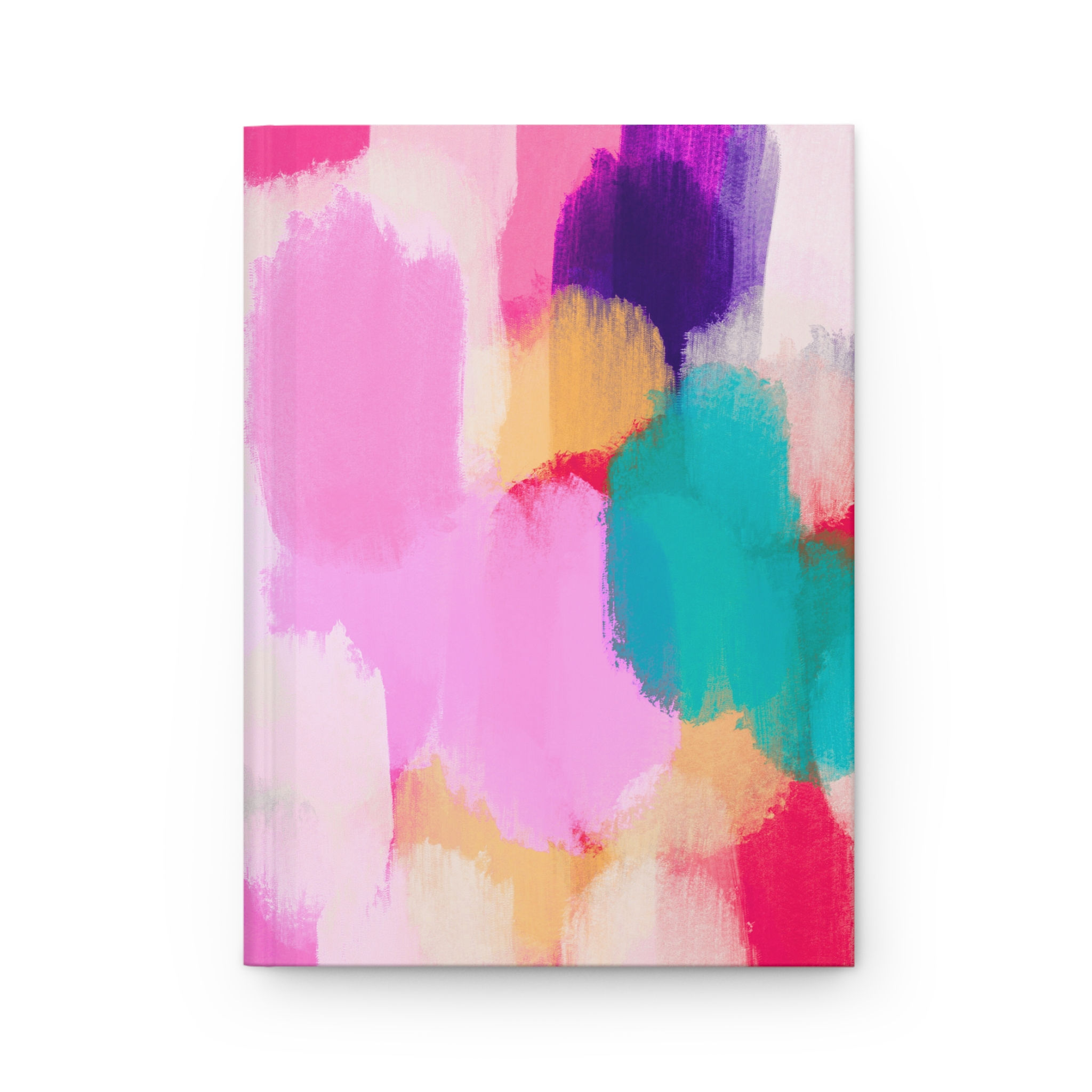 Hardcover journal with colorful abstract brushstroke pattern in pink, teal, purple, mustard, and coral – modern artistic diar