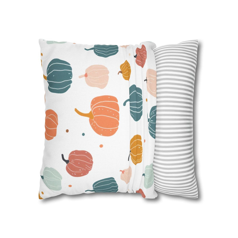 Pillow cover with a colorful pumpkin pattern in orange, teal, and peach on a white background.