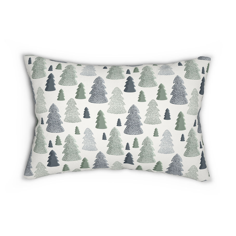 White lumbar cushion with hand-drawn evergreen trees in green, gray, and blue tones in a playful winter pattern