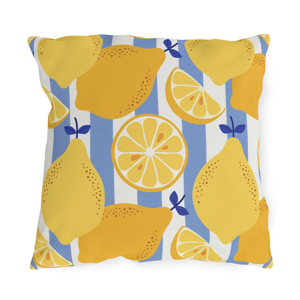 Thumbnail: Outdoor pillow with bright yellow lemons and blue-white stripes, perfect for summer patio or garden decor.