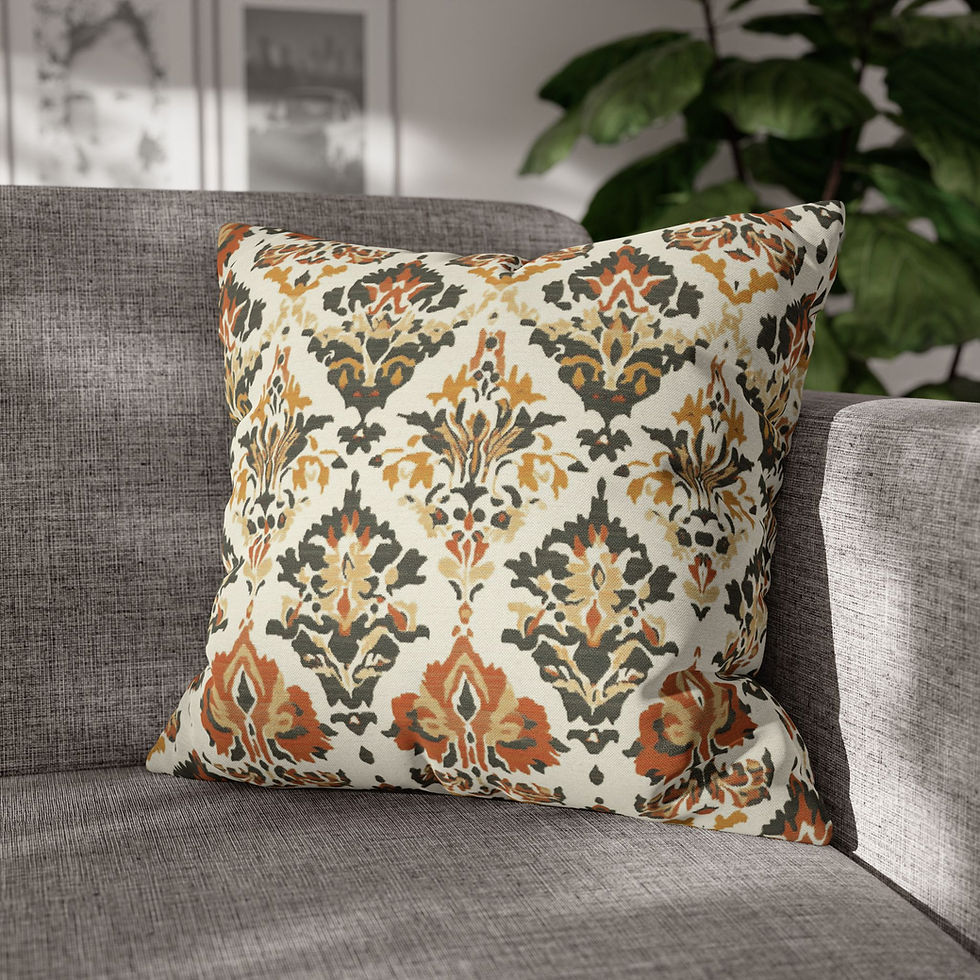 Thumbnail: Decorative cushion with rust, gold, and charcoal damask-style pattern on a cream background