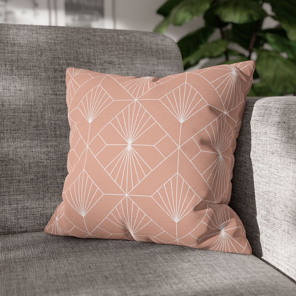 Thumbnail: Square throw pillow with white geometric line art patterns on a blush pink background.