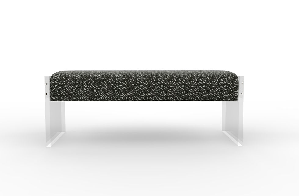Thumbnail: A front view of a rectangular upholstered bench featuring a thick seat cushion and transparent clear acrylic slab legs on eac