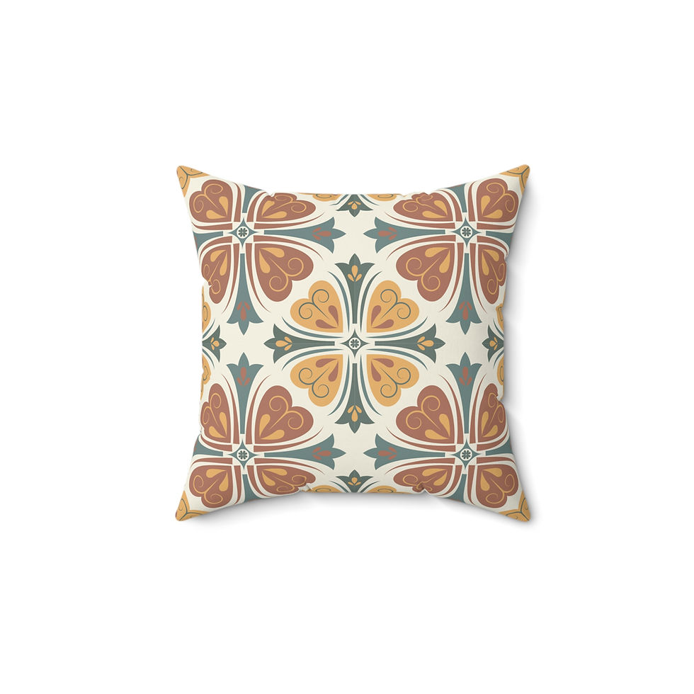 Thumbnail: Faux suede pillow with vintage clover tile pattern in terracotta, gold, and teal tones.