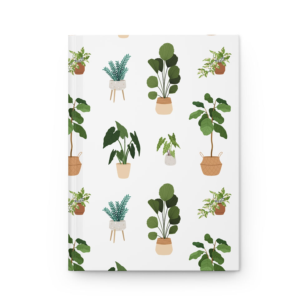 Hardcover journal with illustrated potted houseplants on a white background – botanical greenery design for daily writing.
