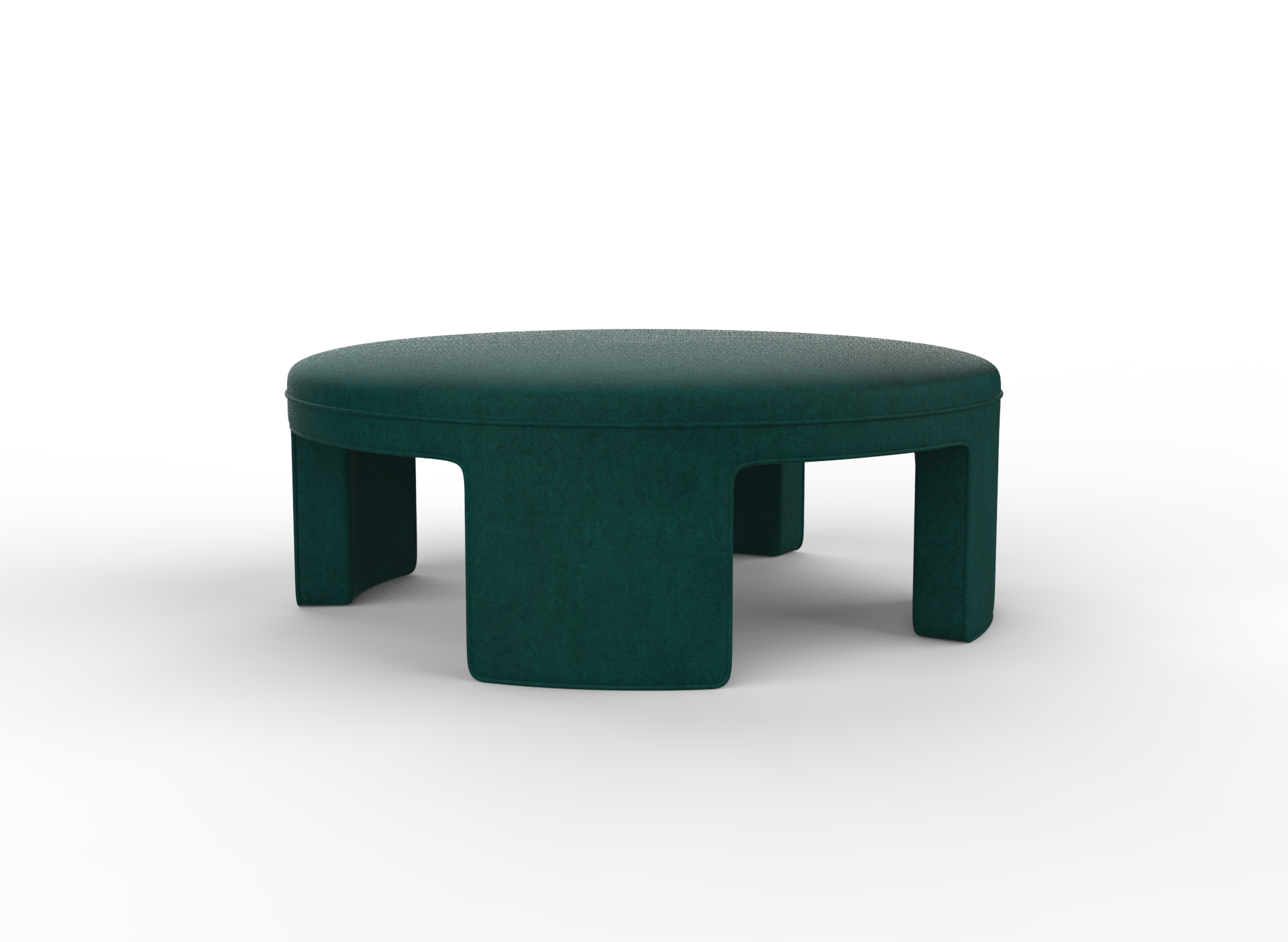 A front-angled view of a large, circular cocktail ottoman with a wide, flat top and four thick, upholstered architectural leg