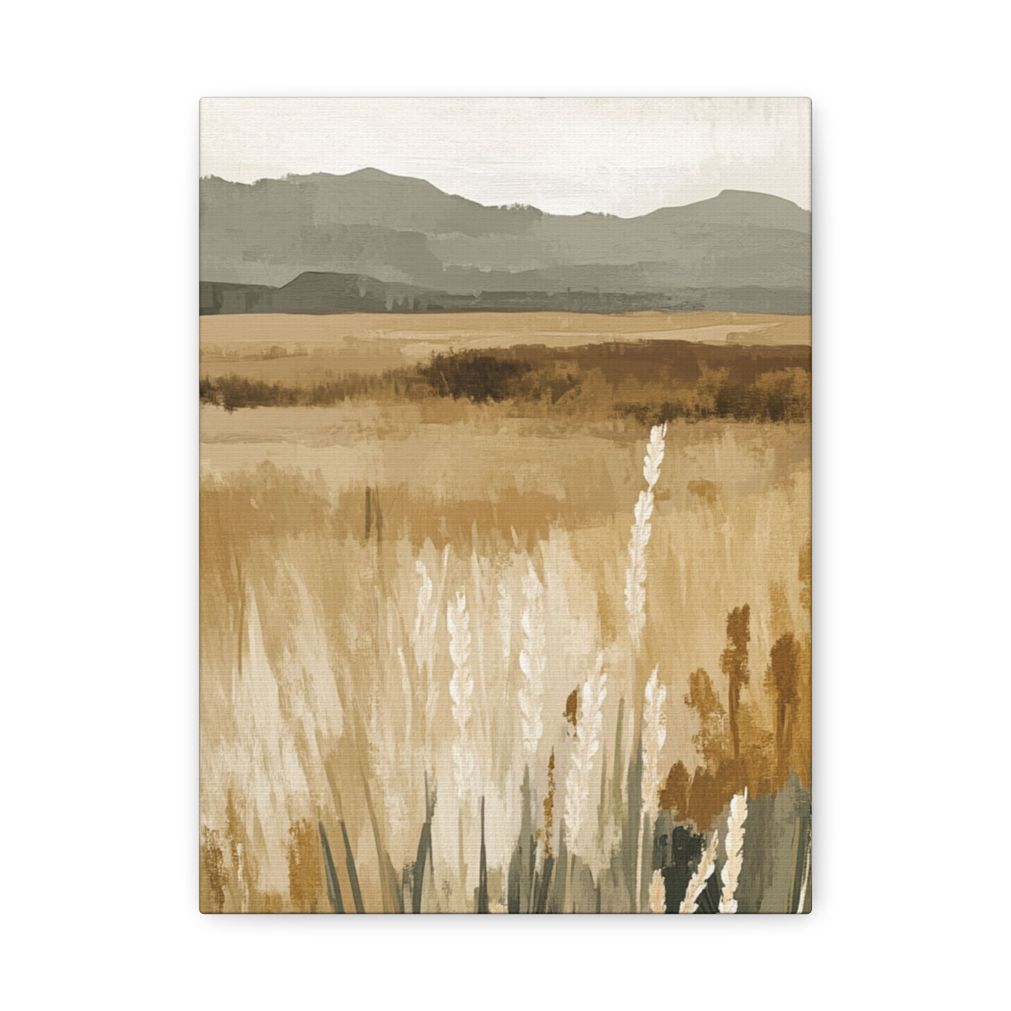Canvas wall art of a minimalist golden prairie landscape with wheat fields and distant gray mountains