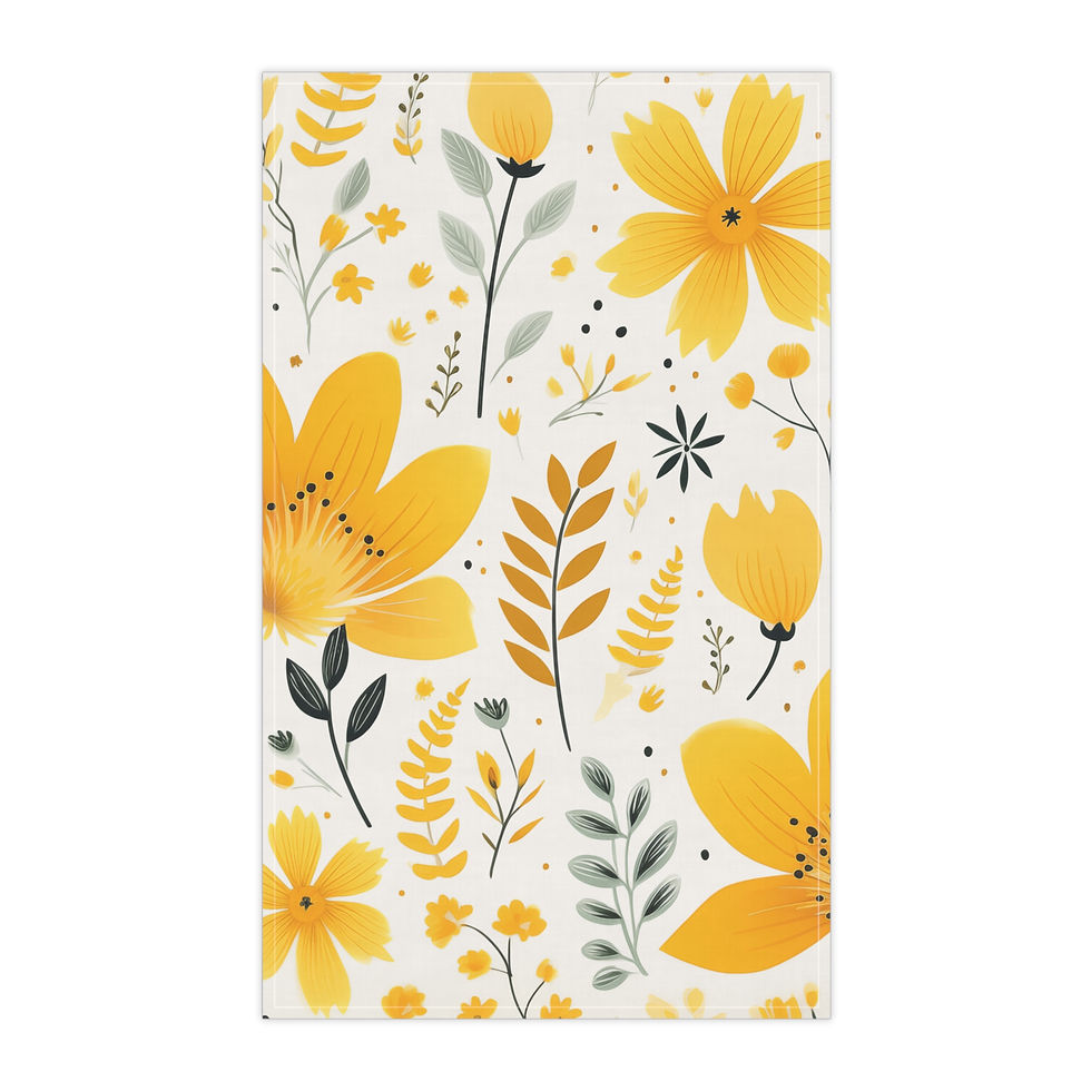 Yellow floral tea towel with a botanical print featuring golden yellow flowers and green leaves on a white background.