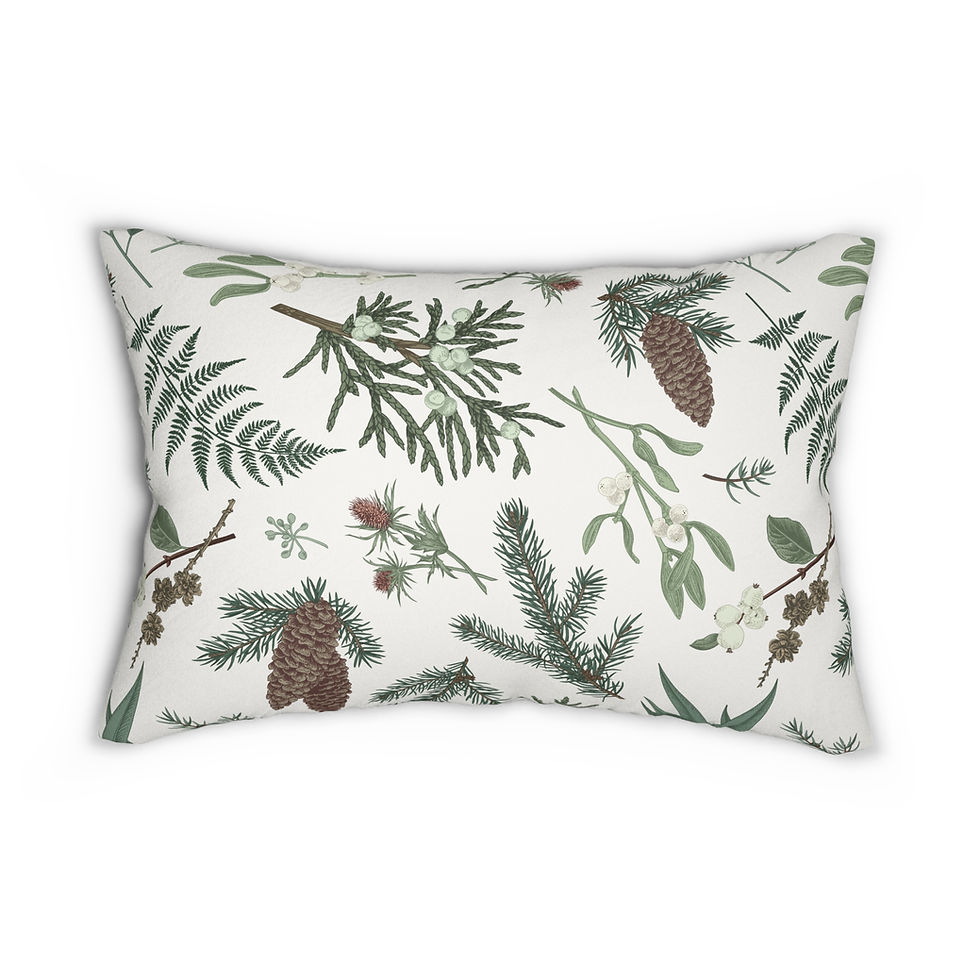 Holiday lumbar cushion with pine branches, pinecones, mistletoe, and green foliage on a white background in a woodland style
