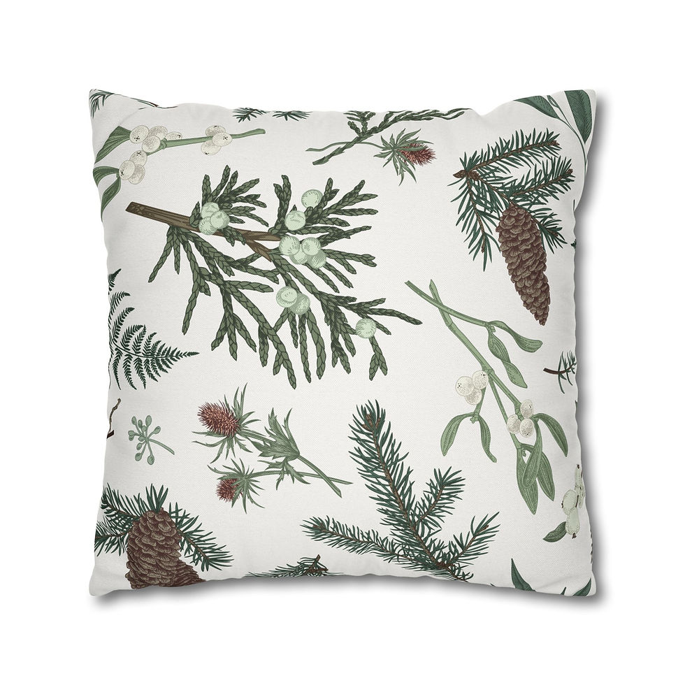 Thumbnail: Holiday cushion cover with pine branches, mistletoe, cones, and botanical greenery on a white background