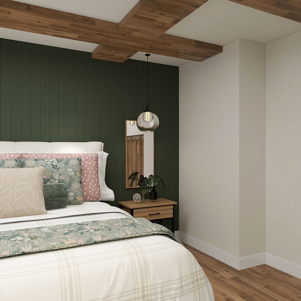 Photorealistic 3D rendering of The Meadow Retreat bedroom from an angled view showing leaning mirror