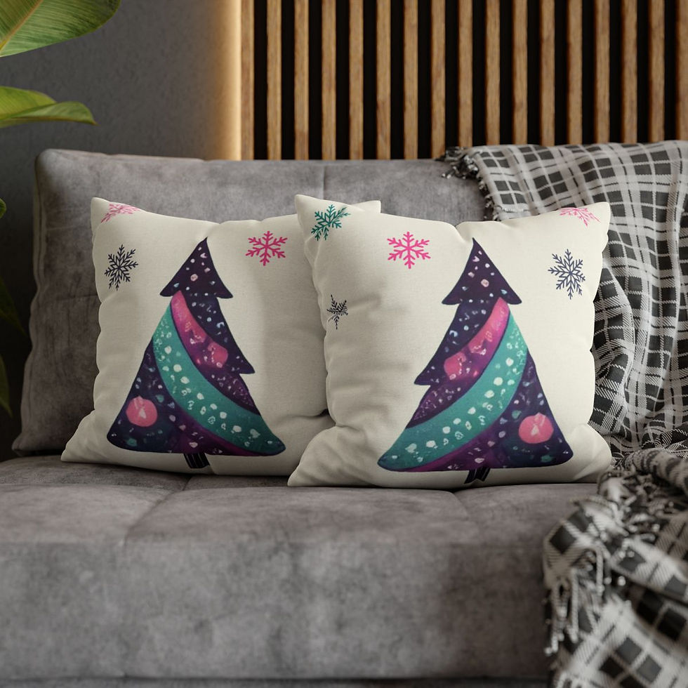 Thumbnail: Whimsical Christmas tree pillow cover with colorful ornaments and snowflakes on a cream background.
