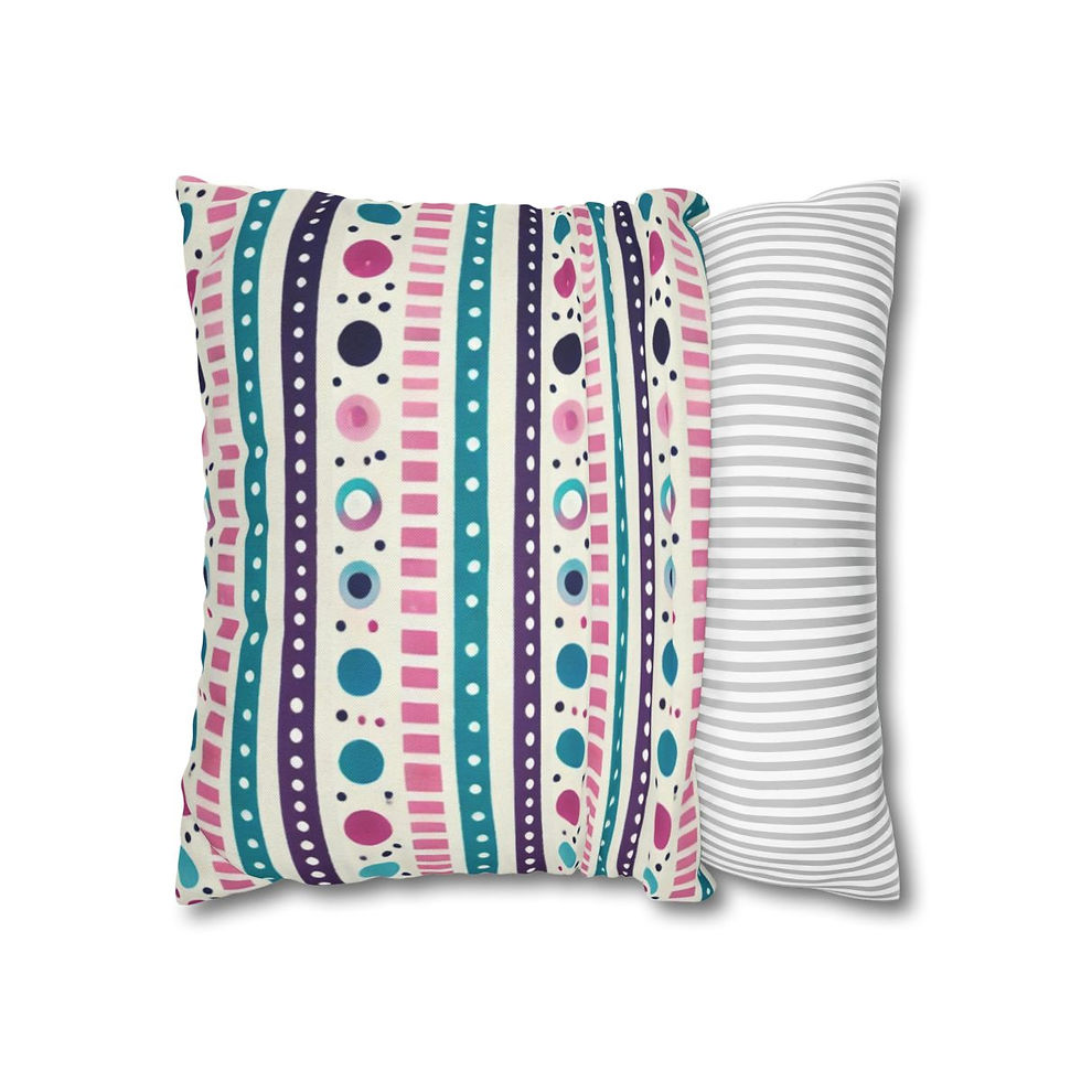 Pillow with colorful striped geometric pattern in teal, purple, pink, and white.