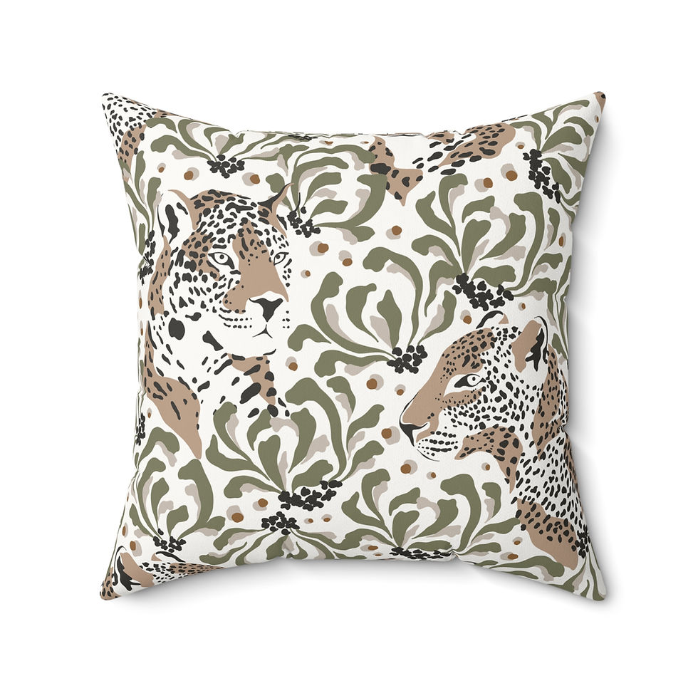 Faux suede pillow with illustrated leopards and green foliage on a cream background, perfect for nature-inspired interiors.