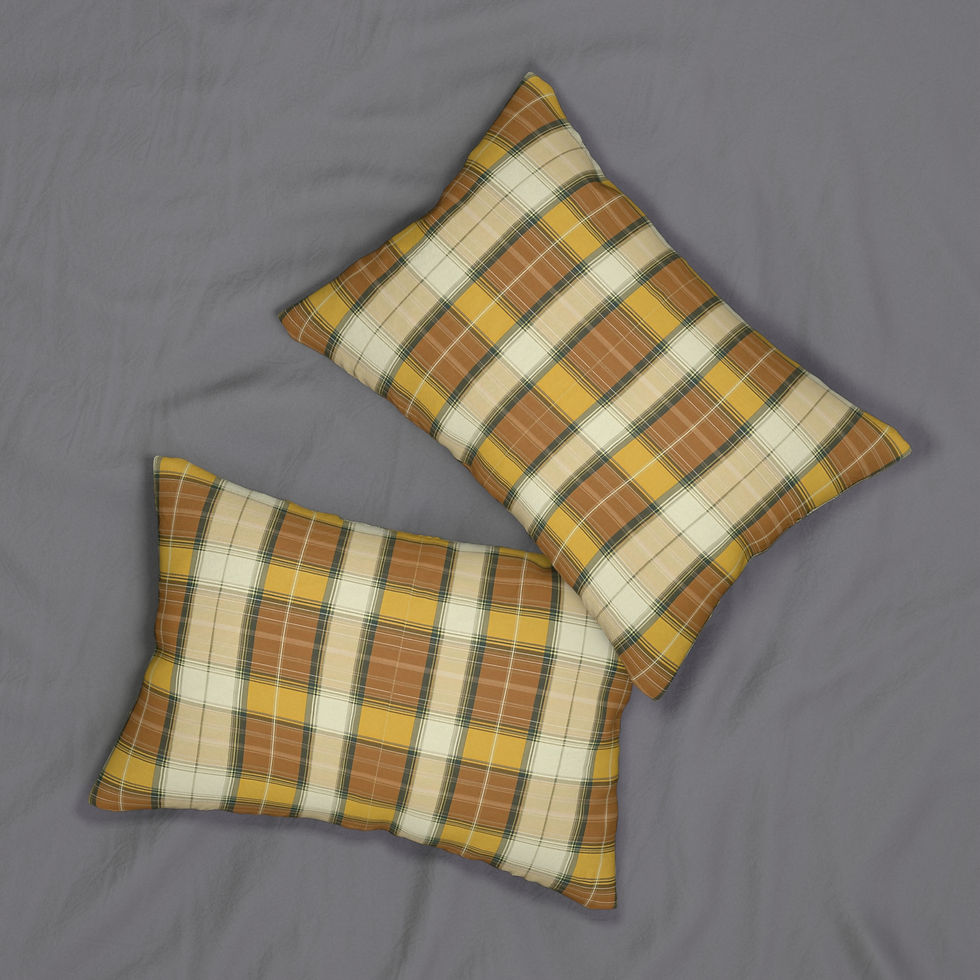 Thumbnail: Lumbar cushion with heritage plaid pattern in golden yellow, chestnut brown, beige, and forest green tones.