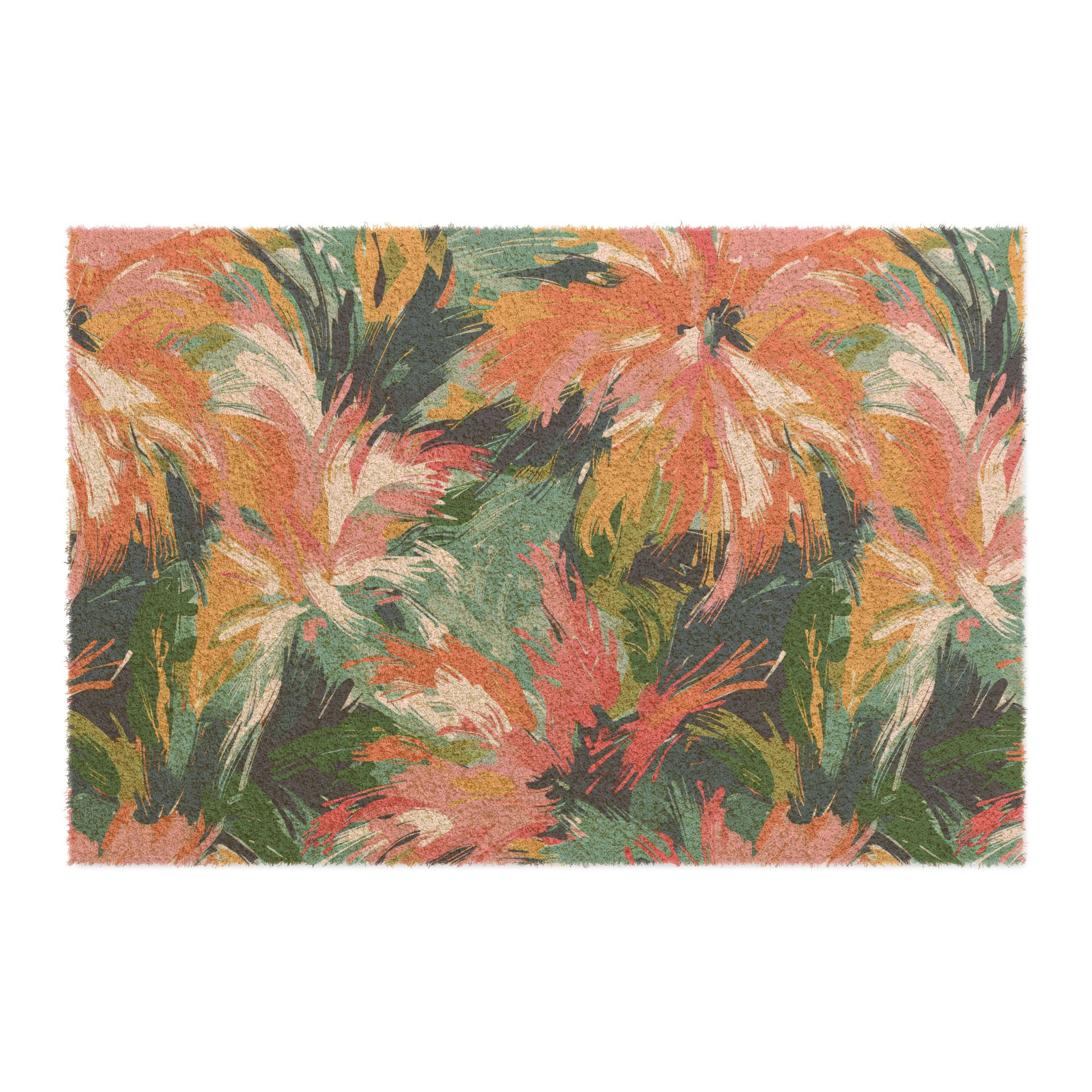 Rustic floral doormat with an abstract botanical design in green, orange, and pink tones, perfect for adding warmth to any en