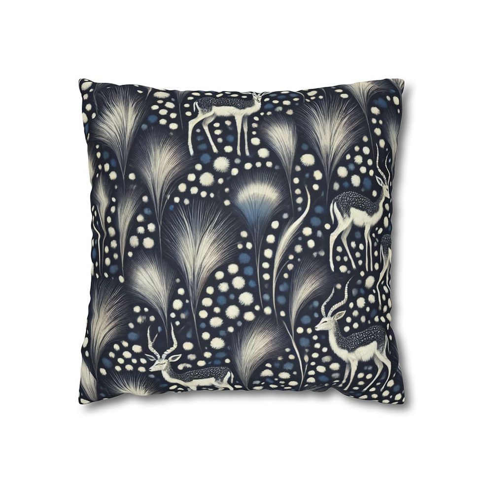 Decorative cushion cover with a dark background, featuring white deer and abstract forest foliage.
