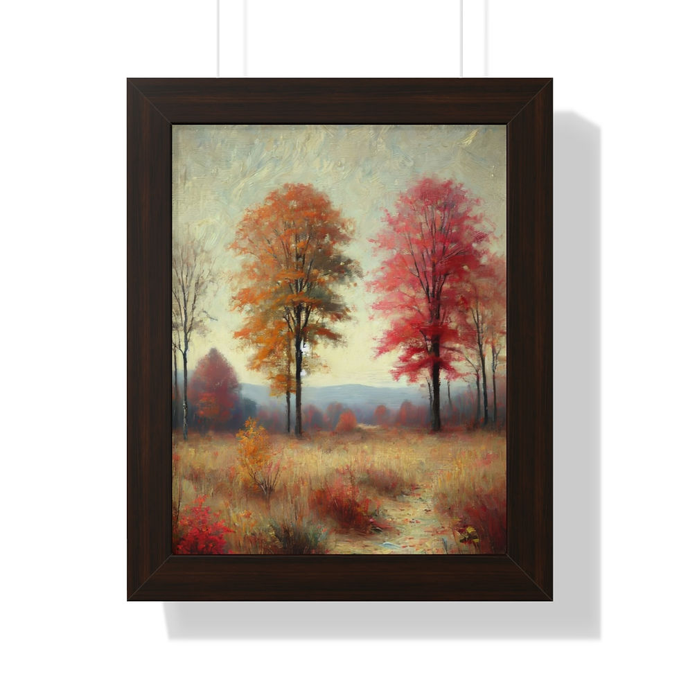 Framed art print of two autumn trees in a serene fall landscape with warm orange and red hues.