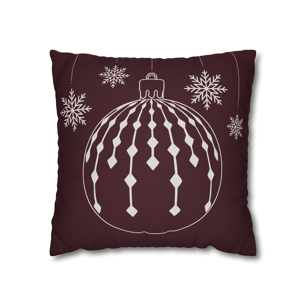Pillow cover with a vintage-style white ornament and snowflakes on a burgundy background, ideal for holiday decorating.
