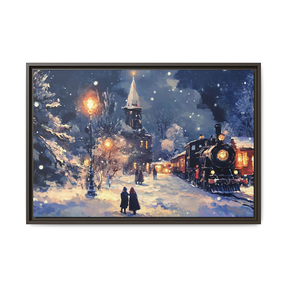Vintage holiday train framed artwork with snow, lampposts, and warmly lit village buildings