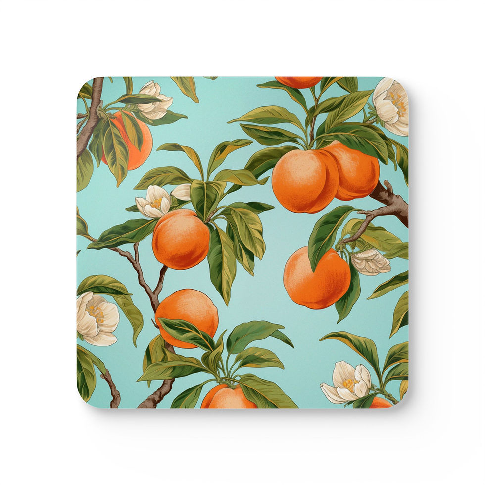 Set of coasters with a vintage botanical design featuring oranges, green leaves, and white blossoms on an aqua background.