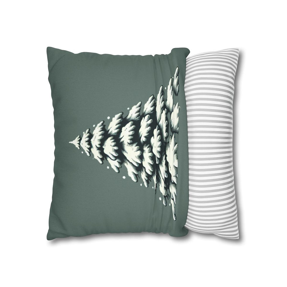Decorative pillow cover featuring a snow-covered pine tree on a soft green background.