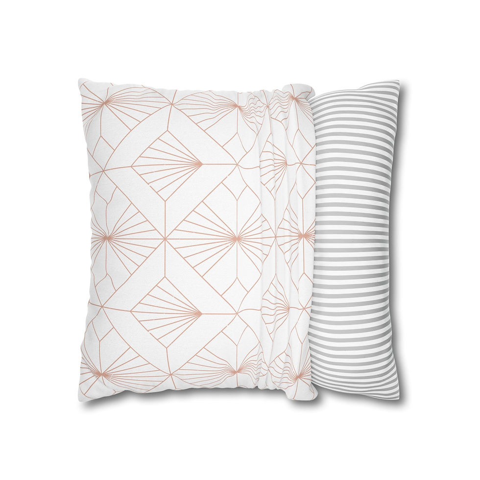 Square throw pillow with blush pink geometric line art patterns on a white background, ideal for minimalist & art deco decor.