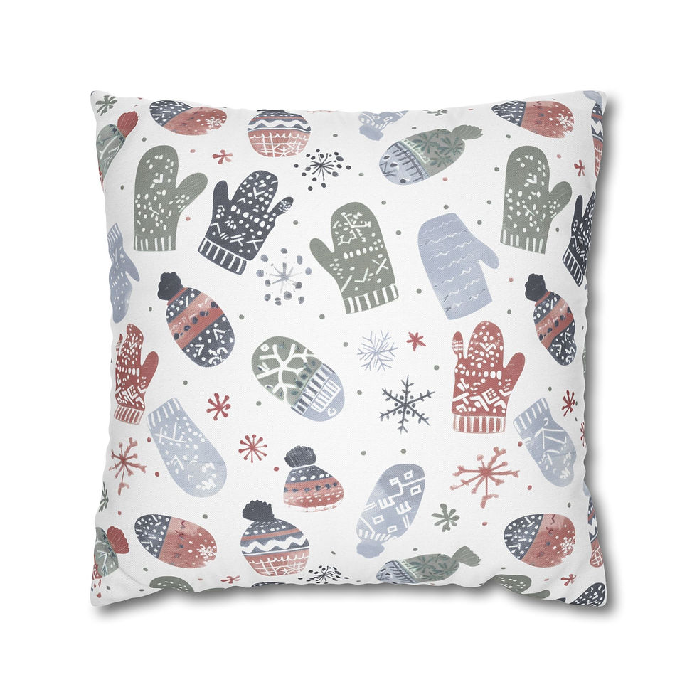 White pillow cover with scattered winter mittens, snowflakes, and hats in red, green, blue, and gray tones
