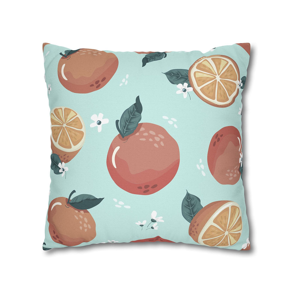 Thumbnail: Cushion cover with coral oranges, citrus slices, green leaves, and white flowers on a light aqua background.