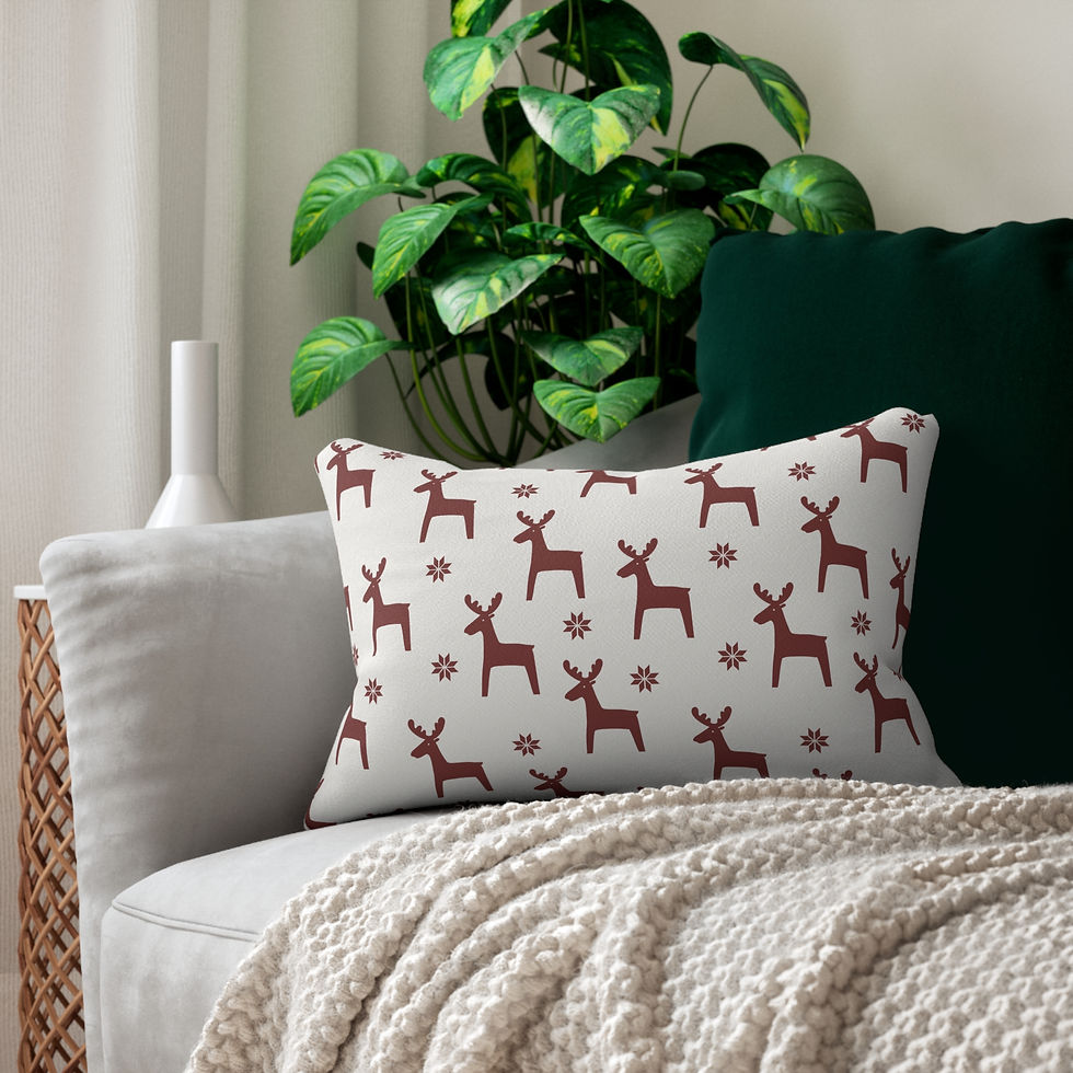 Thumbnail: Cream lumbar cushion with red reindeer and snowflake pattern in a festive, playful Christmas design
