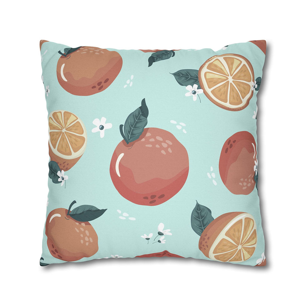 Thumbnail: Cushion cover with coral oranges, citrus slices, green leaves, and white flowers on a light aqua background.