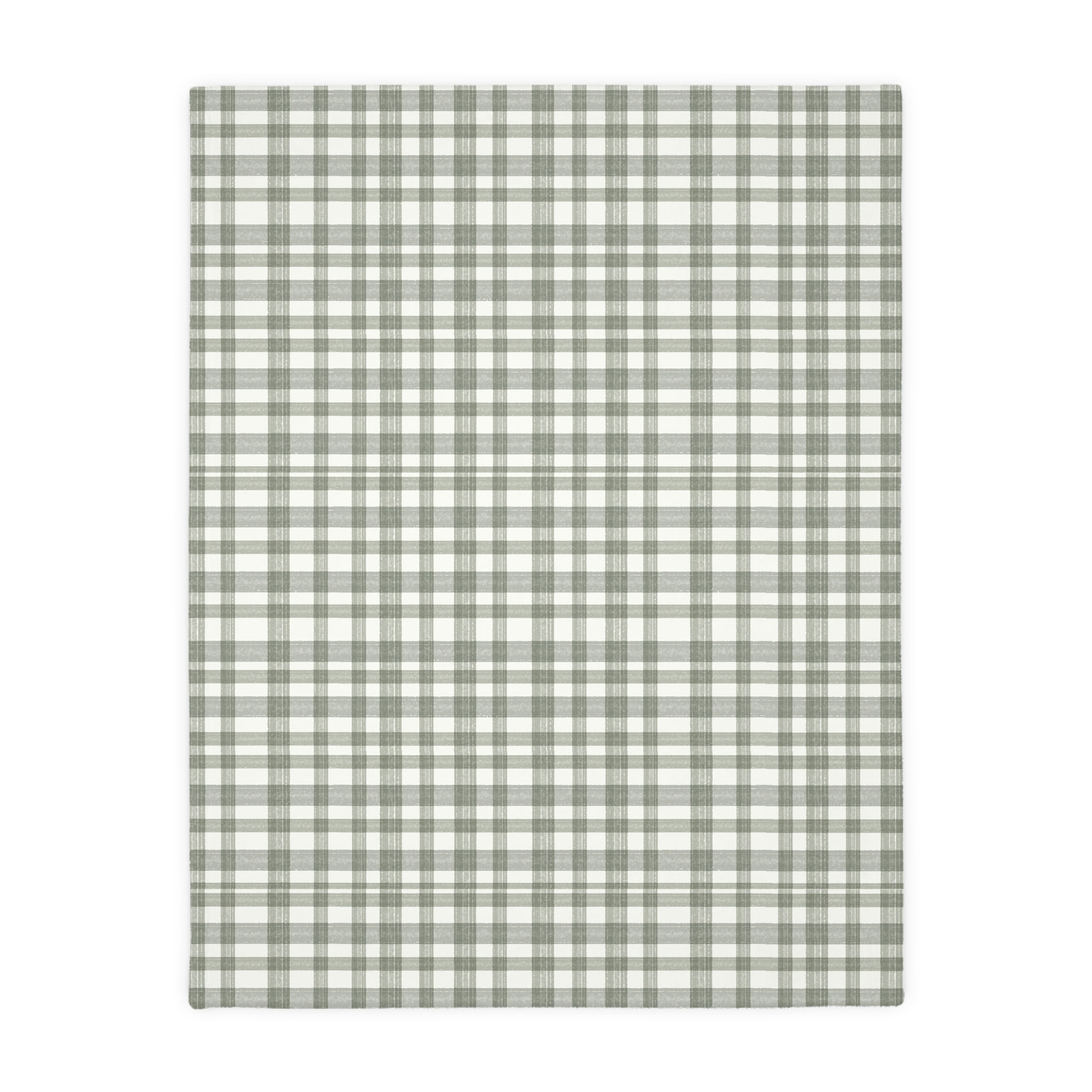 Velveteen microfiber blanket with sage green and white plaid pattern, soft and cozy for modern rustic décor.