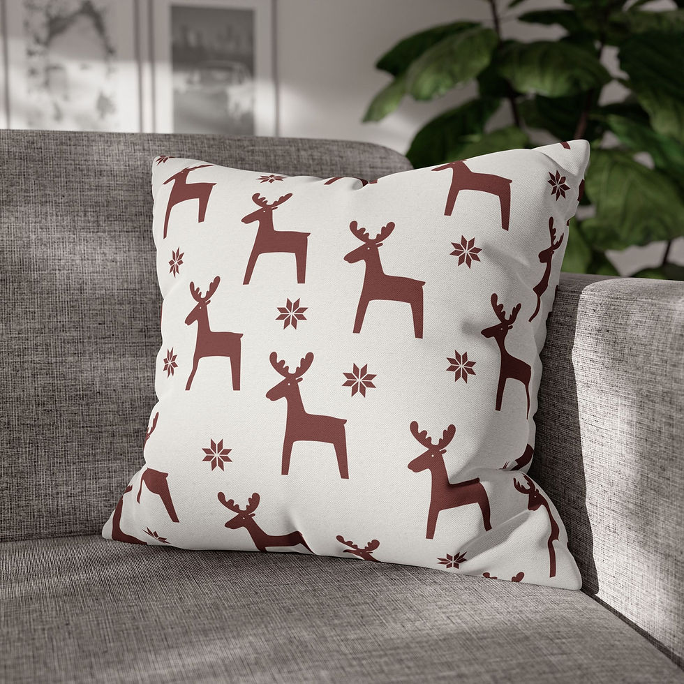 Thumbnail: Minimalist Christmas pillow cover with red-brown reindeer and snowflake design on white fabric