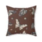 Decorative cushion with vintage-style insect illustrations in black on an earthy brown background