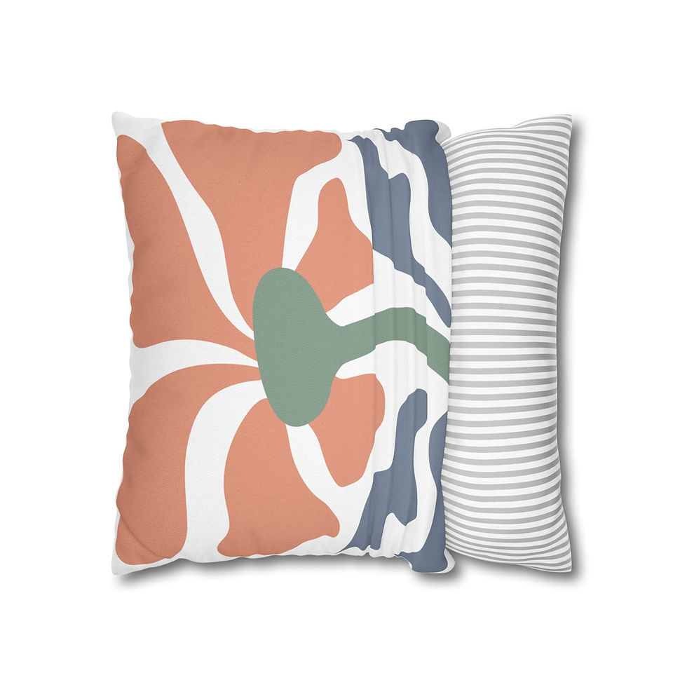 Abstract floral cushion cover with rust petals, green stem, and navy accents on a white background.