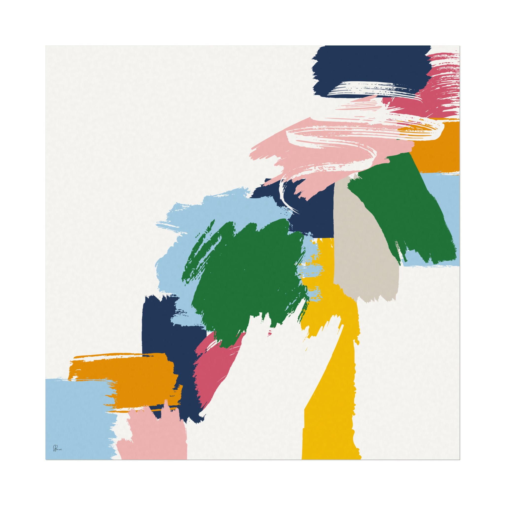 Colorful abstract wall art with bold brush strokes in blue, yellow, green, pink, and orange tones.