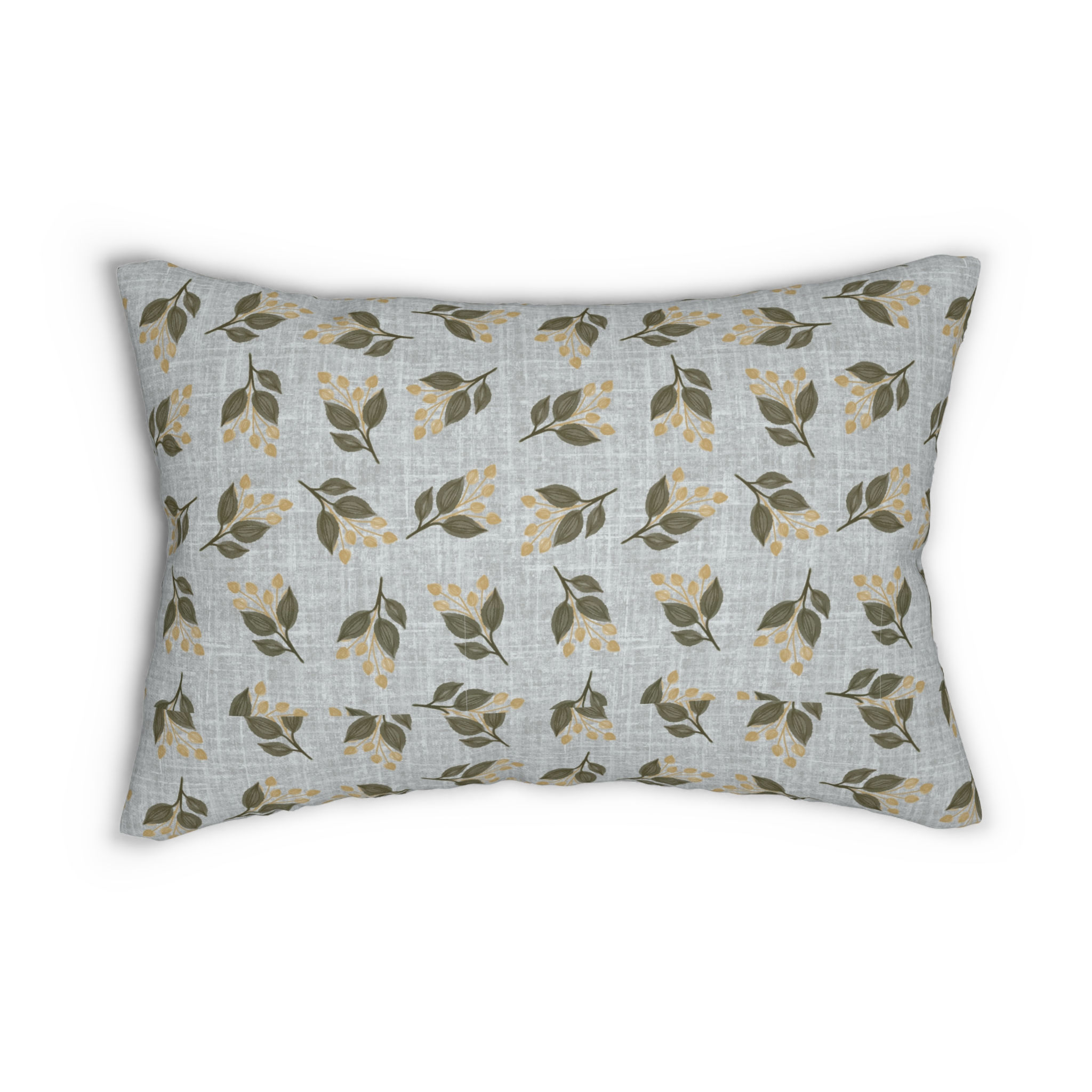 Lumbar cushion with sage green leaves and golden berries on a soft heathered grey background.