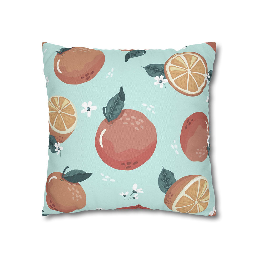 Thumbnail: Cushion cover with coral oranges, citrus slices, green leaves, and white flowers on a light aqua background.