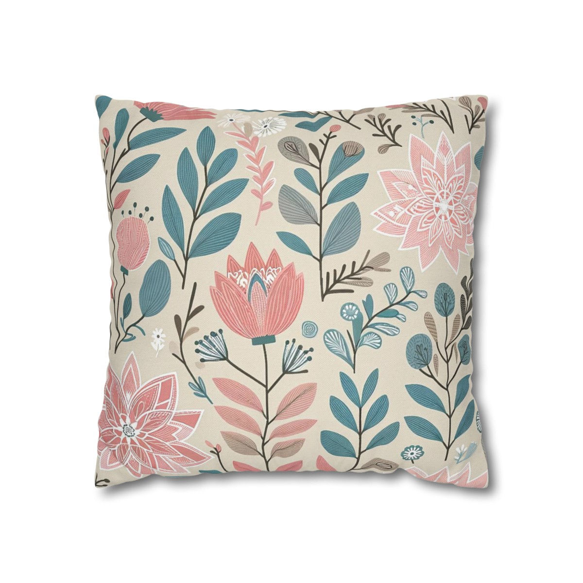 Pillow cover with pastel floral and botanical patterns in pink, teal, and beige.