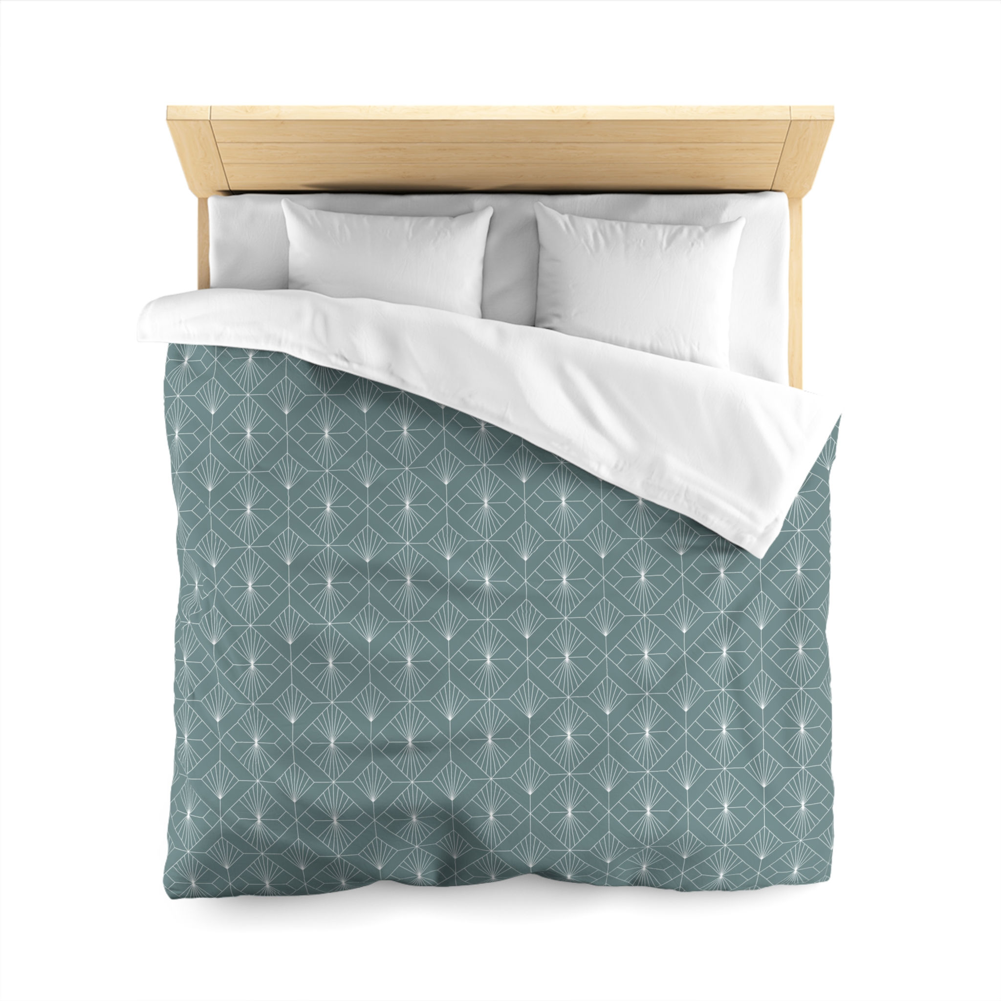Art Deco pattern duvet cover in sage green, featuring a geometric fan design on soft microfiber fabric.