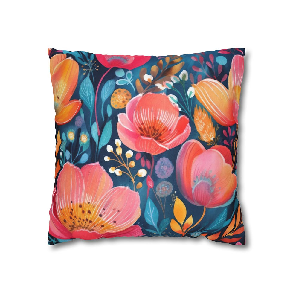 Pillow cover with vibrant floral patterns in pink, orange, and yellow on a navy background.