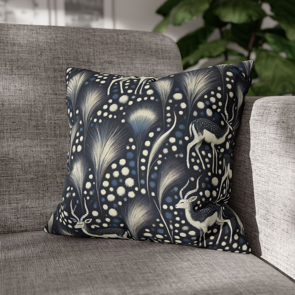Thumbnail: Decorative cushion cover with a dark background, featuring white deer and abstract forest foliage.