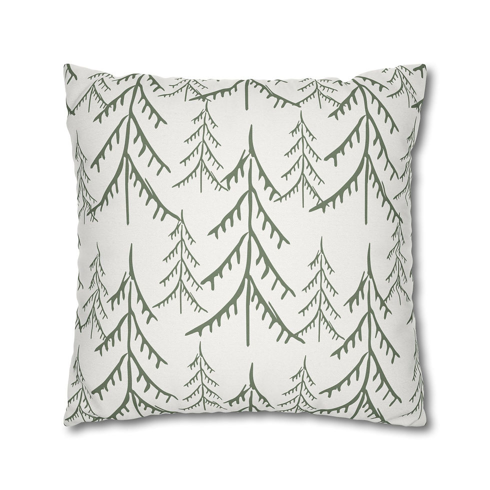Thumbnail: White pillow cover with hand-drawn green pine tree outlines in a repeating minimalist forest pattern