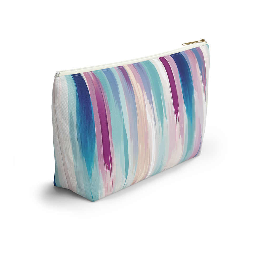Thumbnail: A stylish accessory pouch featuring a watercolor-inspired abstract pattern in shades of teal, blush, lavender, and plum, with