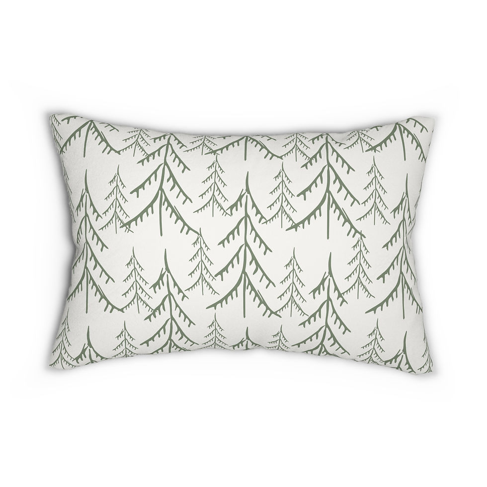 White lumbar cushion with repeating green evergreen tree line illustrations in a minimalist winter forest pattern