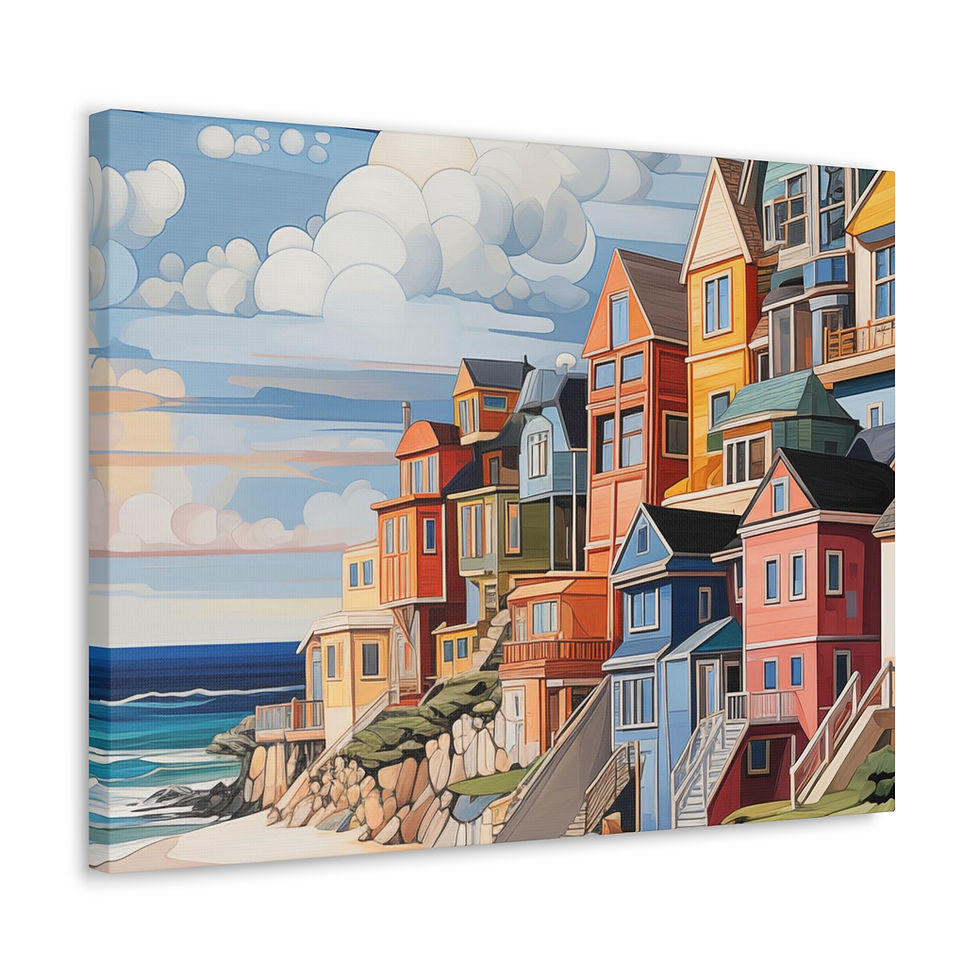 Gallery wrap wall art of colorful beach houses on a rocky coastline with an ocean and a cloudy sky background.